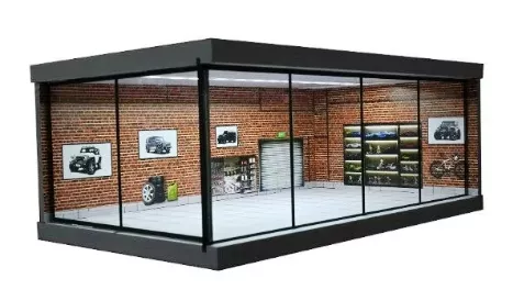 Prosklená autoprodejna / dílna - osvětlená